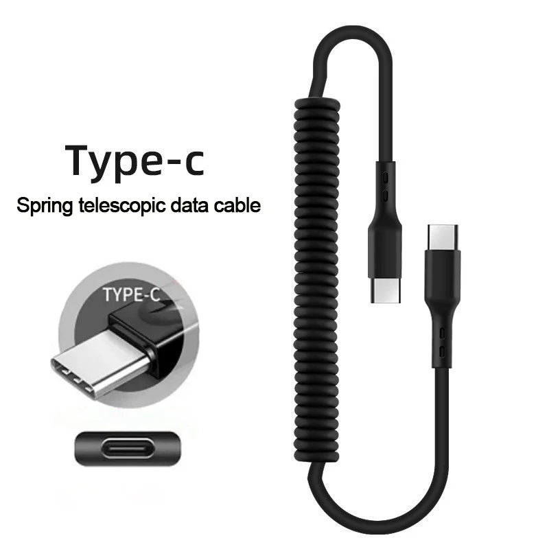USB Type C 66W Car 5A Fast Charging Type C to Type C Spring Telescopic Cable For iPhone 15 Samsung Huawei Xiaomi Redmi OnePlus