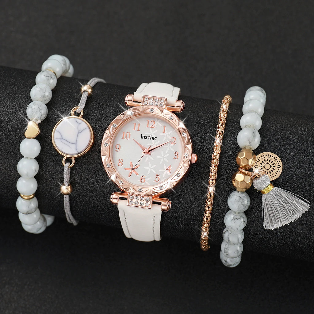 5PCS/Set Women's Watch Fashion Flowers Dial Leather Band Quartz Watches Beads Bracelet Set（Without Box）