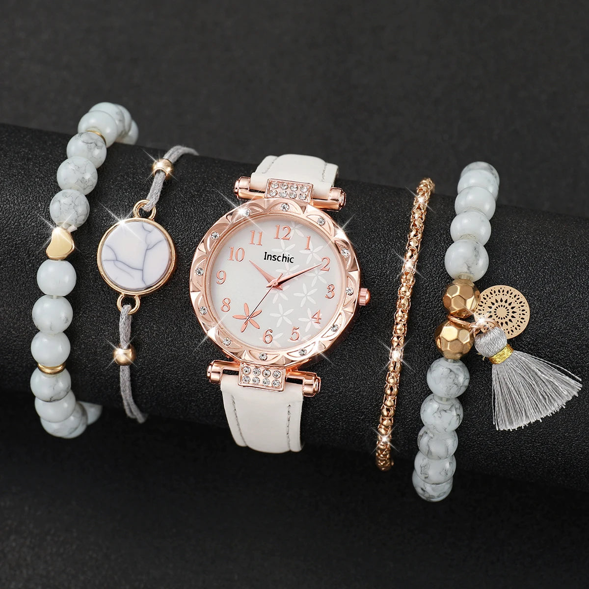 5PCS/Set Women's Watch Fashion Flowers Dial Leather Band Quartz Watches Beads Bracelet Set（Without Box）