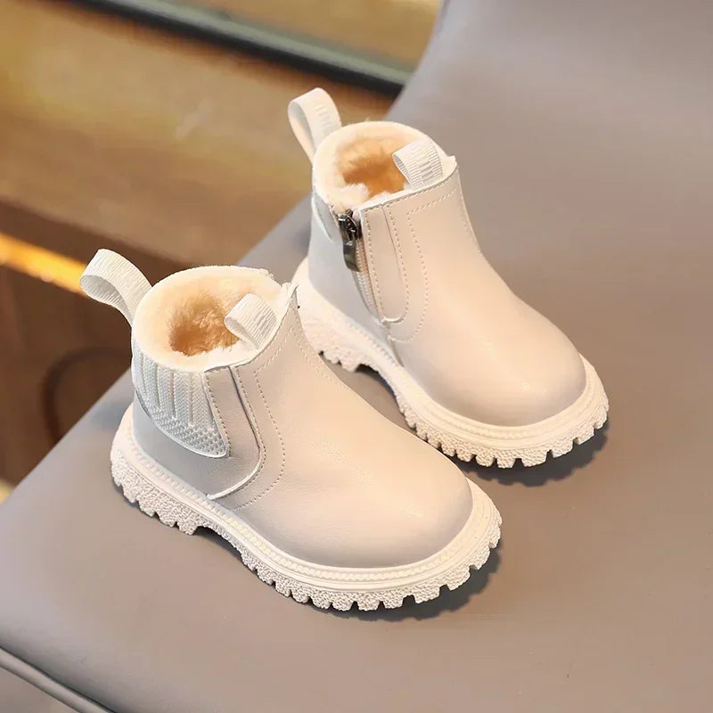 Autumn Winter Kid Boys Girls Casual Ankle Boots Comfortable Simple Side Zipper Leather Boots Velvet Warm Non-Slip Boots