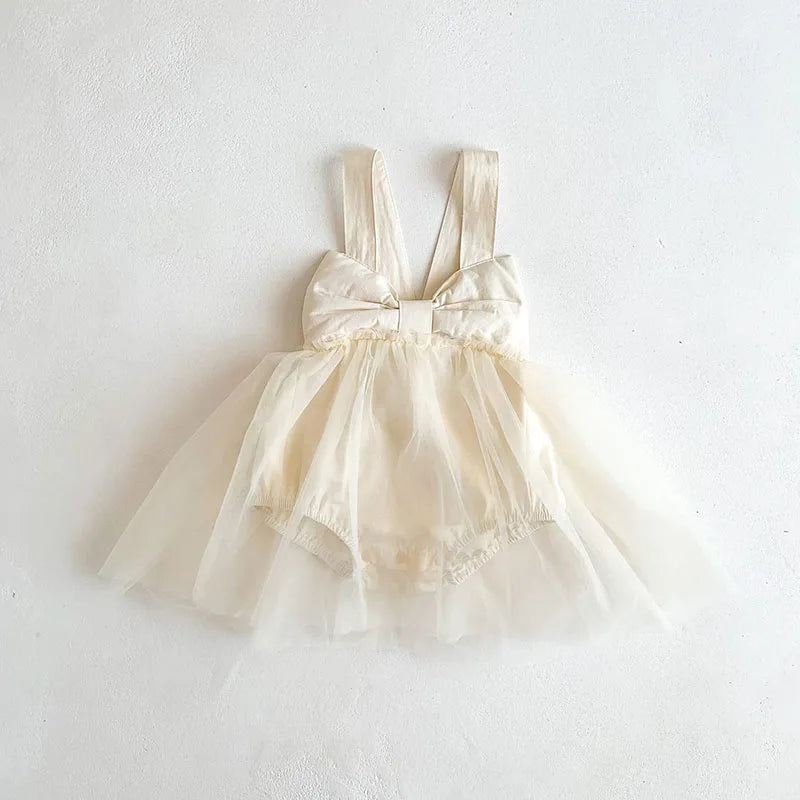 2024 New Summer Baby Tutu Dress Big Bow Birthday Clothes for Newborn Toddler Suspenders Gauze Bodysuit for Girls