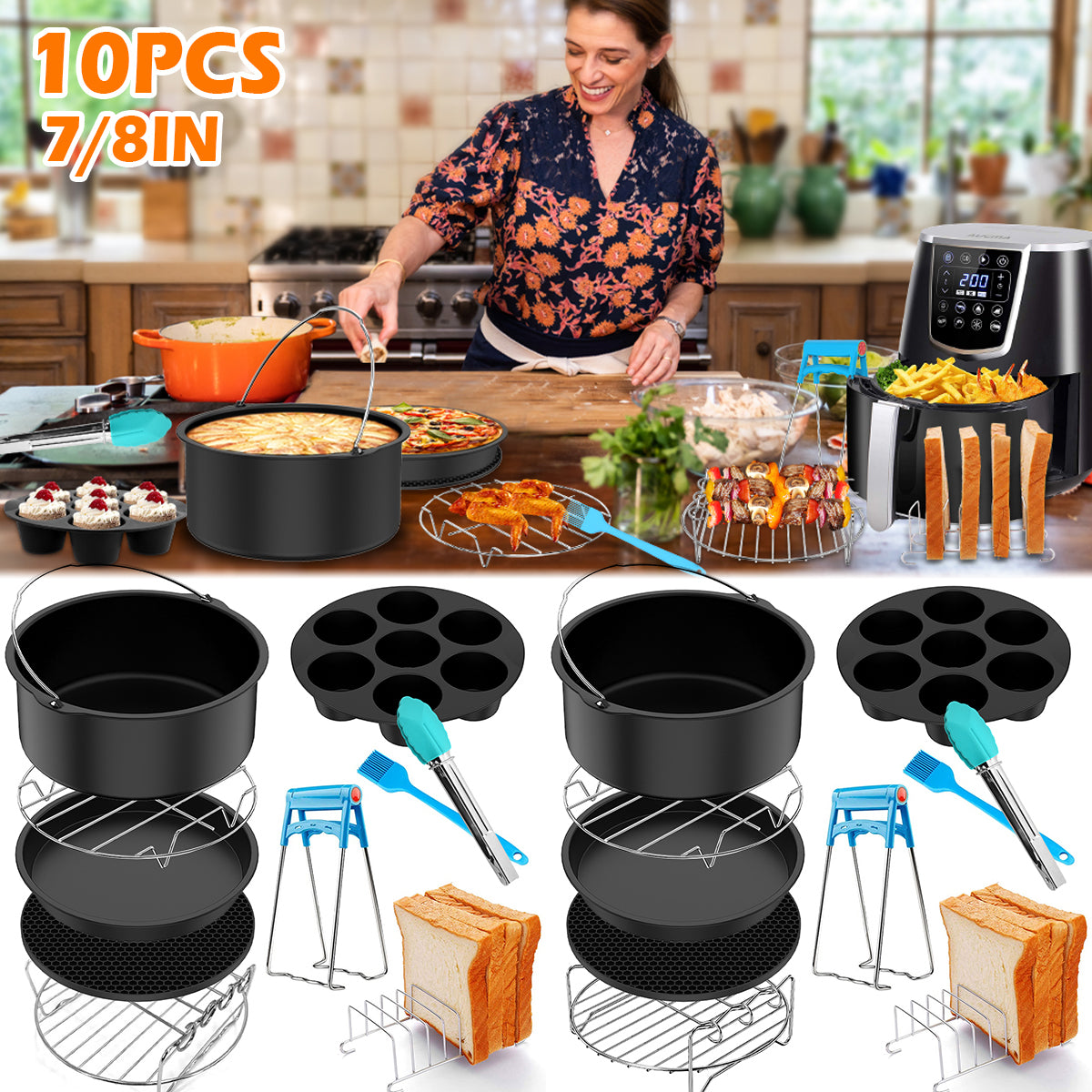 10Pc Air Fryer Accessories Set Food-grade Air Fryer Accessories with Cake Basket Pizza Pan Stainless Steel Skewer Rack Oil Brush