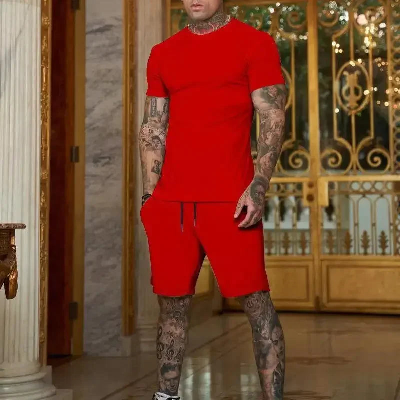2025 summer new men's breathable sportswear short sleeved t-shirt and shorts set popular quick drying clothing