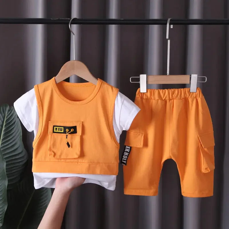 New Children Cotton Clothes Summer Kids Boys Patchwork T Shirts Shorts Pants 2Pcs/sets Infant Kids Toddler Tracksuits 0-5 Years