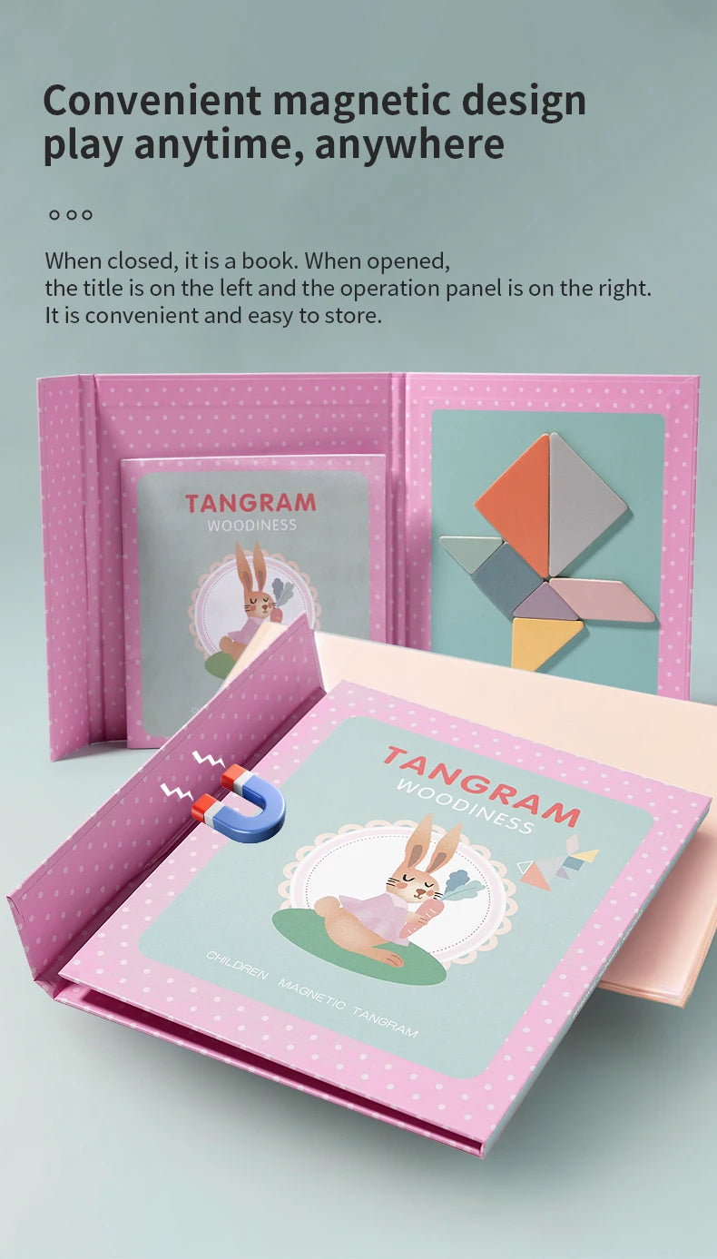 Magnetic Wooden Tangram Block Puzzle Game for Kids - Montessori Educational Intelligence Jigsaw Children's Gift