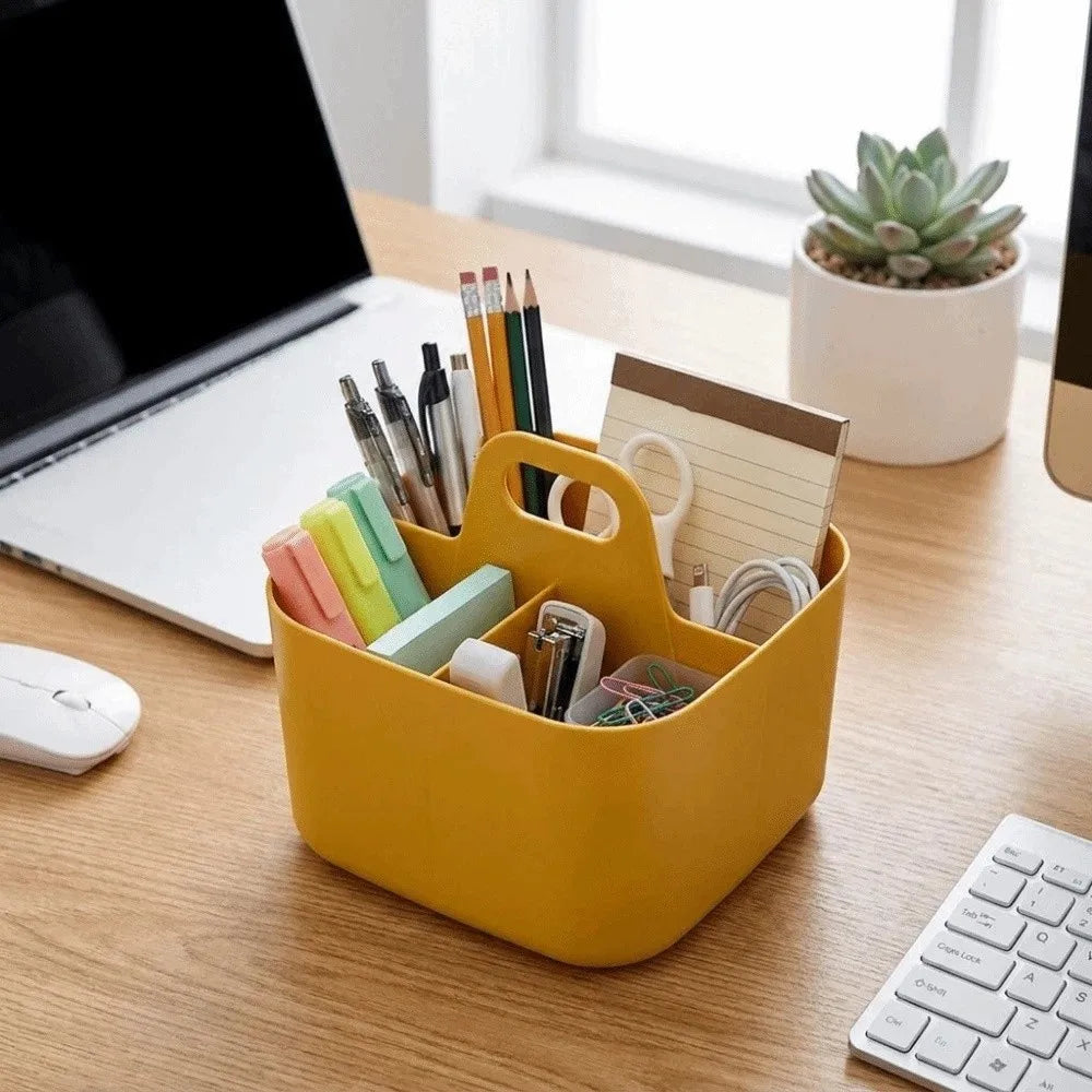 Plastic Cosmetic Organiser Multi-compartment with Handle Split Pen Organiser Divider Sorting Desk Storage Basket Office