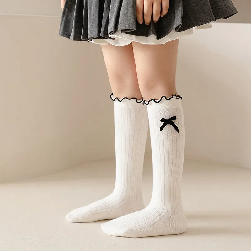 1 Pair Chic Simplicity Kids Girl Sock Sweet Fashion Bow Ruffle Bow Children Girl Calf Sock Spring Autumn Cotton School Sock