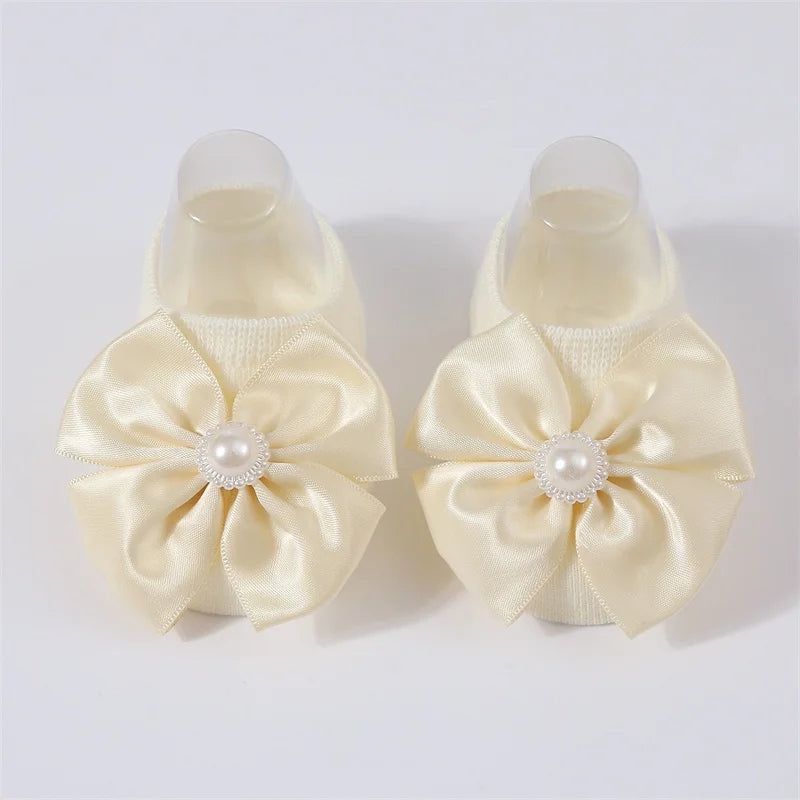 Baby Pearl Bow Solid Color Floor Socks Newborn Infant Knitted Breathable Socks Sweet Cute Girls Princess Children Birthday Gifts