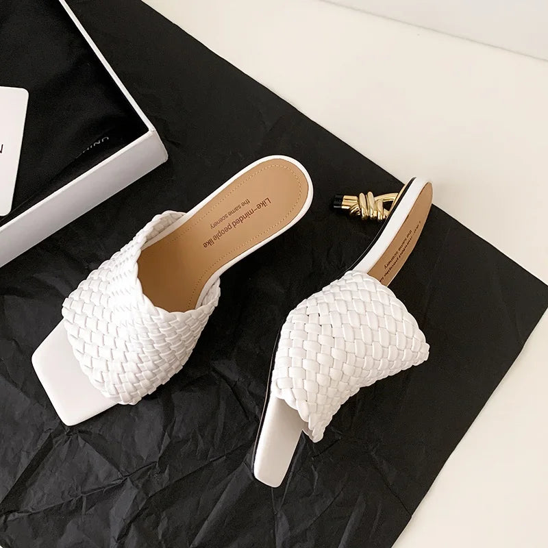 Summer Sandals Women Concise Style Slippers Weave Sandals for Girls Sexy Kitten Heel Elegant Dress Party Wedding  Sandalias