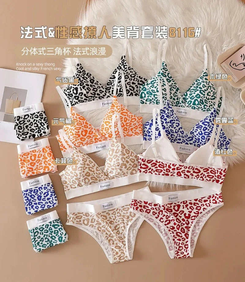 Women Seamless Bra Set Low Waist Panties Leopard Bralette Sexy Lingerie Set Vneck Sport Brassiere Female Cotton Underwear Set