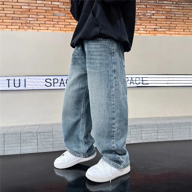 Boys Jeans Pants Spring Kids Wide Leg Straight Trousers Autumn Loose-Fit Casual Trousers Children's Trendy Sweatpants Pant 5-14Y