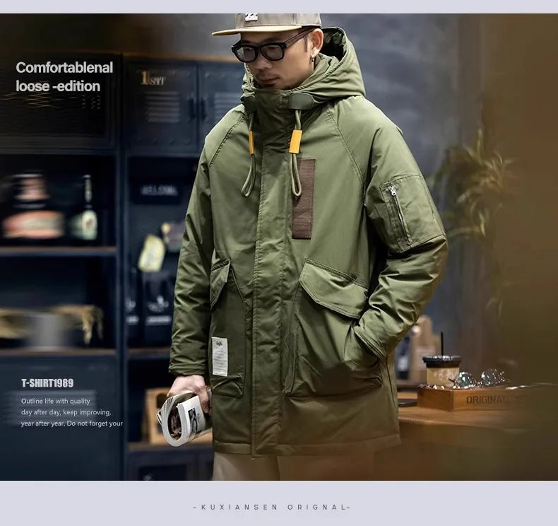 American Sle Men's Parka down Cotton Jaet Winter Workwear coat Mid-Length Hooded Military Coat Outerwear