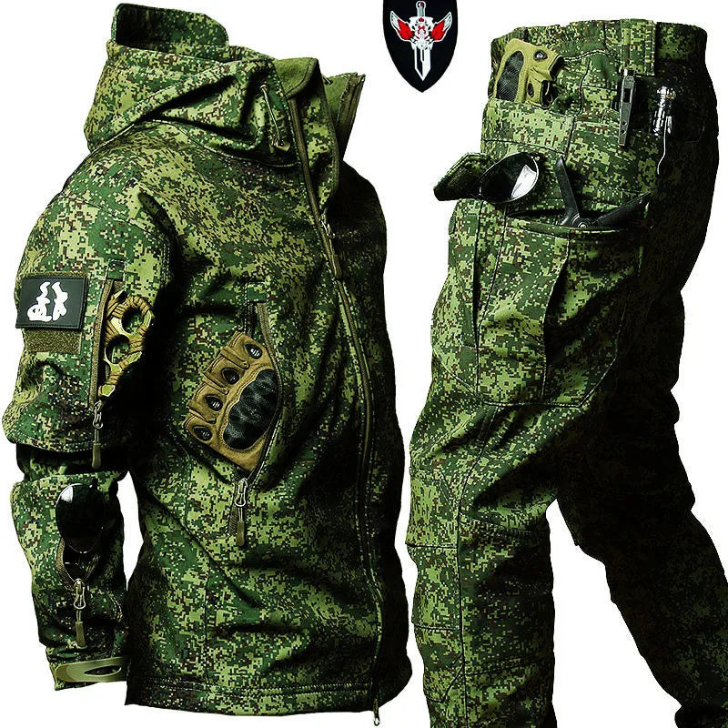 Tactical Winter Set Men's Outdoor Windproof Waterproof Suit Multi-Pocket Soft Shell Hooded Jackets Sharkskin Work Pants