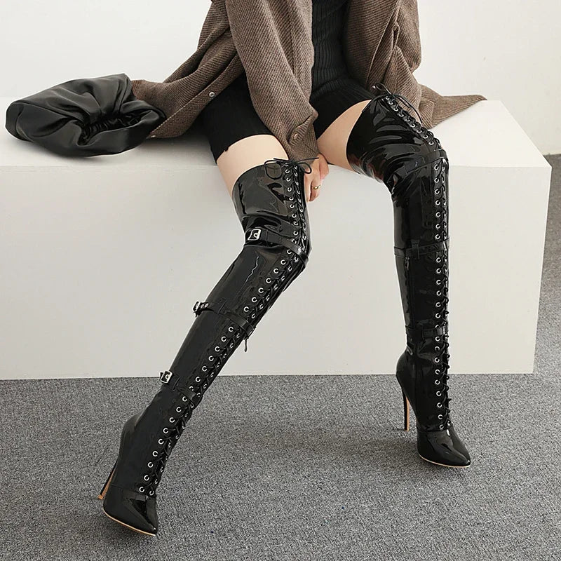 Women Sexy Cross Tied Thigh High Boots Pointed Toe Thin High Heels Over The Knee Boots Patent Leather Shoes Woman 33-46