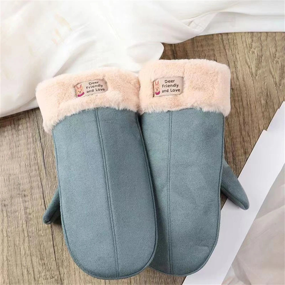 Women's Suede Plush Hanging Neck Gloves Winter Warm Windproof Gloves Outdoor Skiing Cold-Proof Student Mittens Christmas Gift
