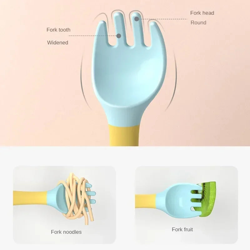 Baby Children Spoon Fork Set Soft Bendable Silicone Scoop Fork Kit Tableware Toddler Training Feeding Cutlery Utensils Tableware
