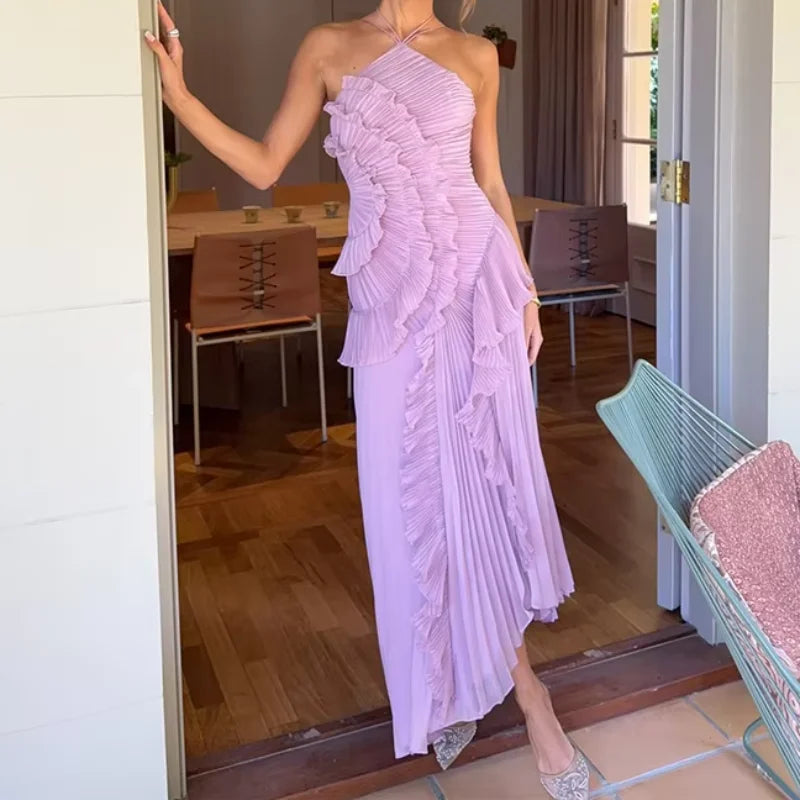 Sweet Gown Neck Strap Modest Irregular Long Dress Ruffle Eye-Catching Women Designers Dresses Summer Elegant Pastel Party Date