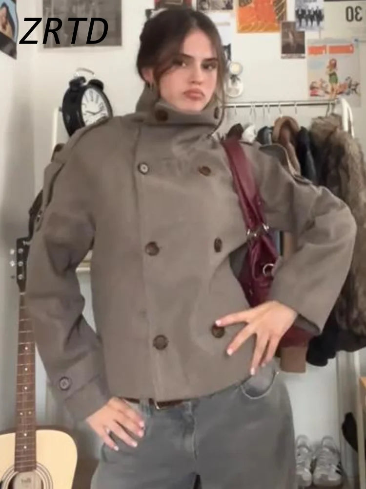 Elegant Women's Short Woolen Coats Stand Collar Double Breasted Long Sleeve Female Jacket 2025 Autumn Winter Lady Warm Outwear