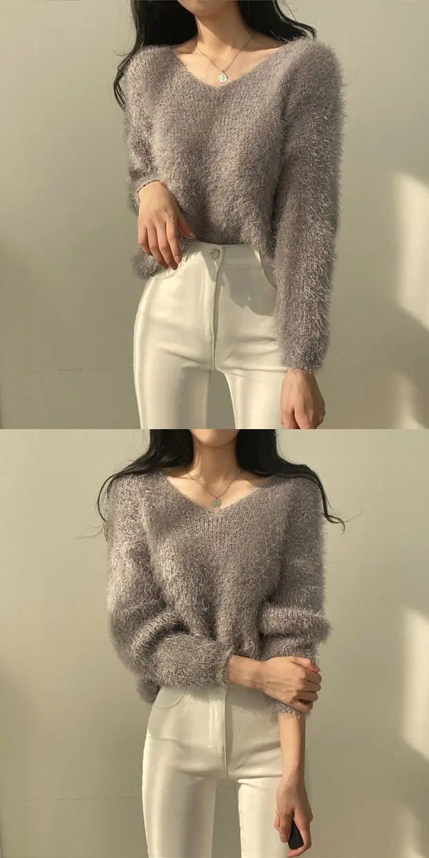 Women's Soft Cozy V-Ne Sweater Autumn Winter Faion Sweet Loose Fit Knitted Top Pink Color Trendy Ladies Sle Long Sve