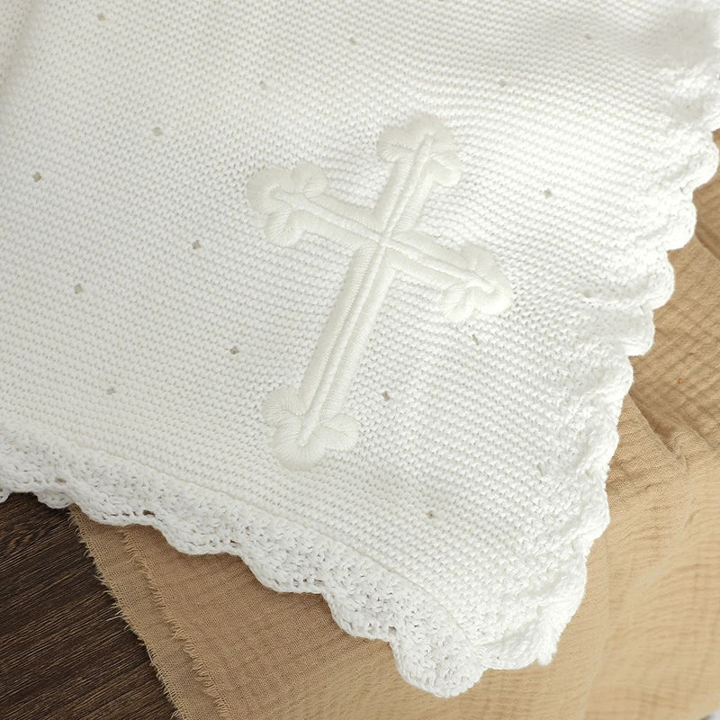Baby Christening Blankets 100*80cm Cotton Soft Knit with Stitching Cross Newborn Boys Girls Swaddle Nursery Blanket Baptism Gift