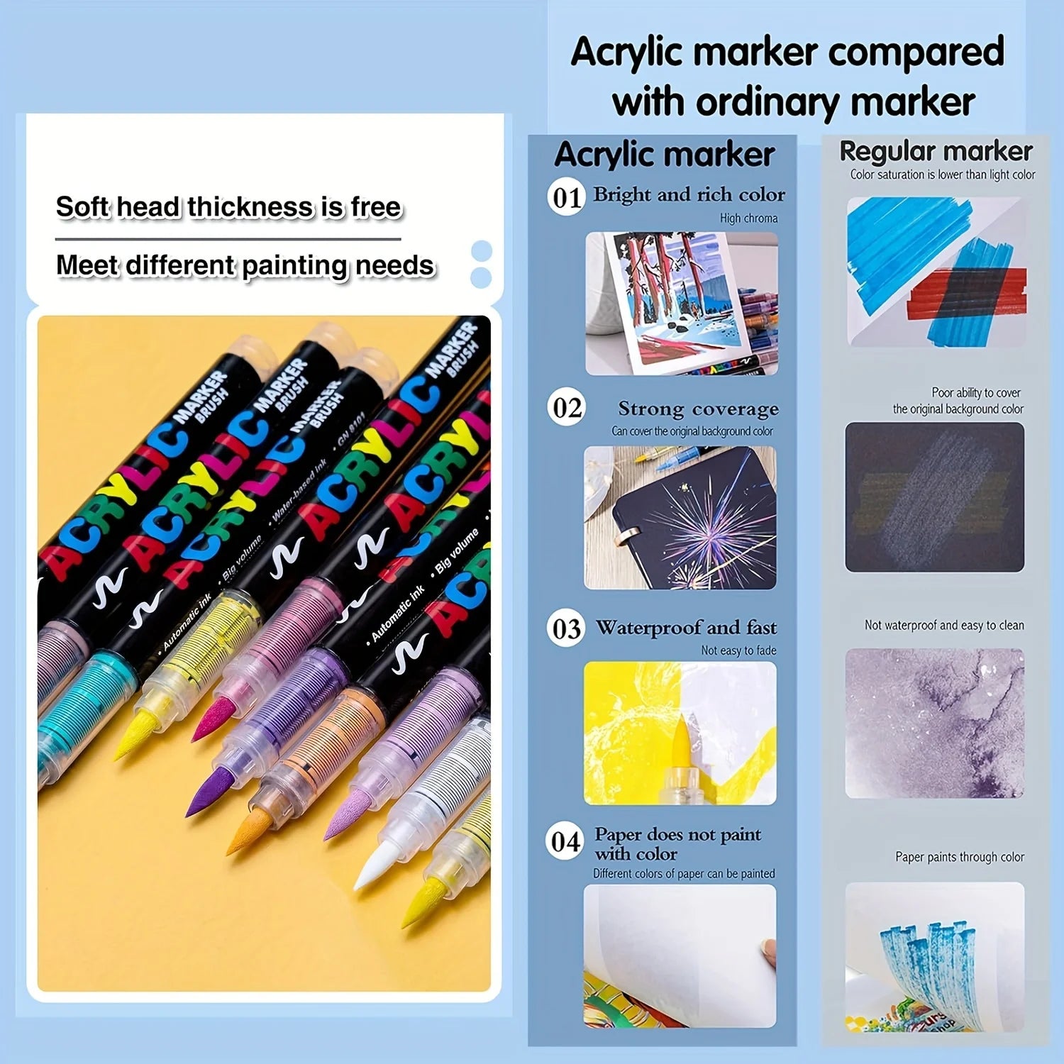 Acrylic  Markers Brush Tip Paint Marker 12-72 Colors Acrylic Paint Pen for Rock Canvas Wood Ceramic Adult Coloring DIY Crafts