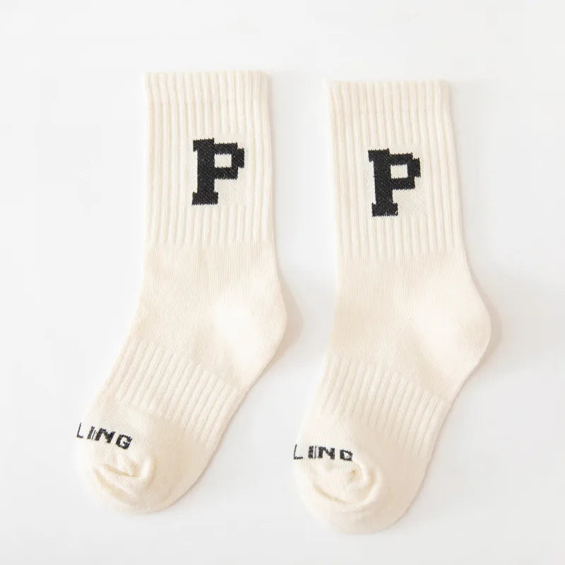 Korean Fashion Letter Socks Children Knit Cotton Middle Tube Socks Boys Girls School Casual Sports Socks 1-8years Old