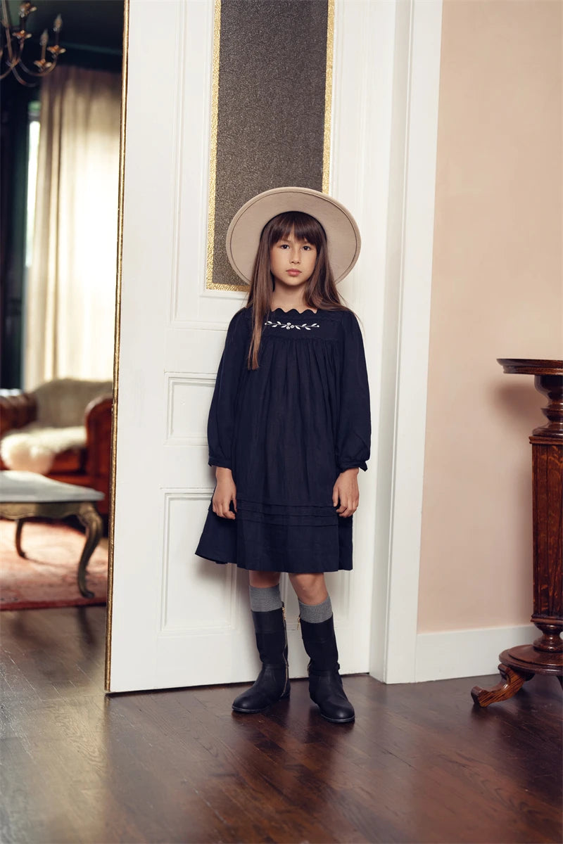 AS Great Quality Designer Shabbos Brother Sister Navy Cotton Linen Clothes with Embroidery Holiday Outfits