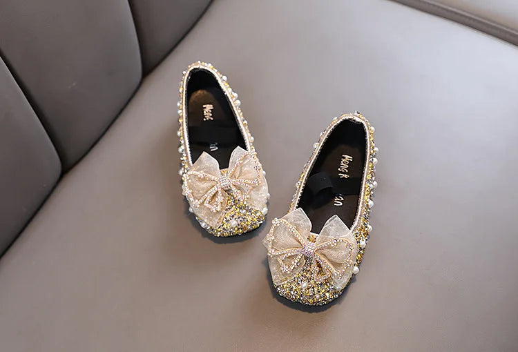 Girls Princess Shoes Glitter Luxury Party Shallow Children Ballet Flats 21-36 Elastic Band Fashion Lace Bowknot Kids Dance Shoes