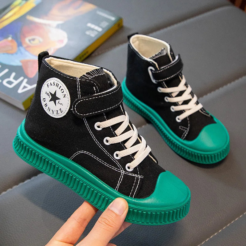 2025 New Children's High-Top Canvas Shoes Boys and Girls Ins Tide Soft Bottom Sneakers with Breathable Casual Board Shoes