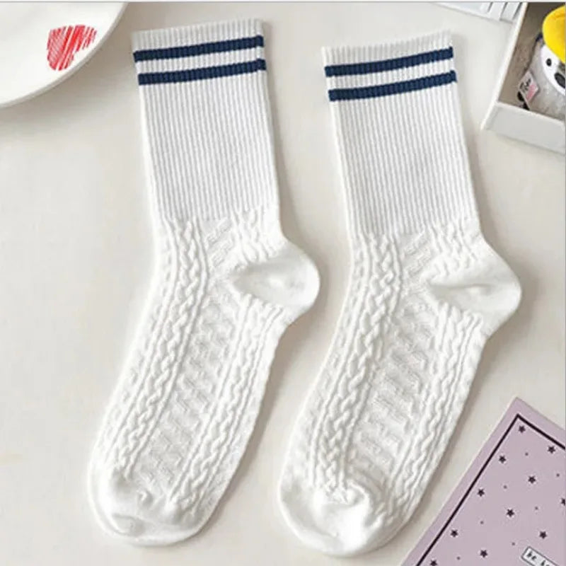 Women's Socks Warm Socks In Autumn and Winter Blue Socks Students High-top Striped Checkered Sports Stockings