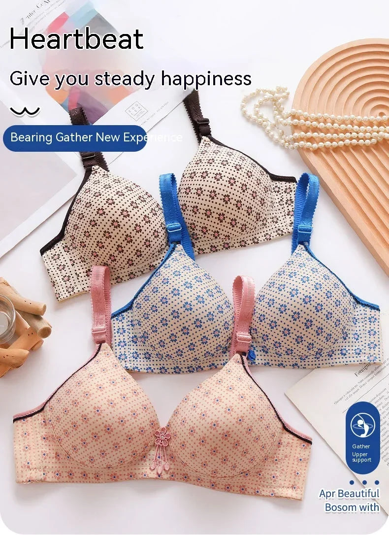 Ladies Mum Printed Bra Thin Section Mom Underwear Women Comfortable Bras Without Steel Ring Back Three Rows Of Buckle Brassiere