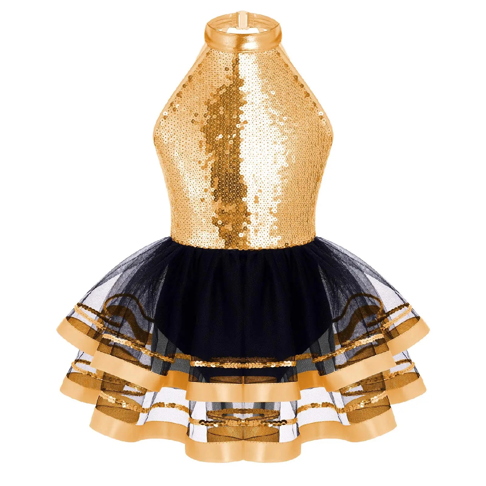Jazz Dance Costume Kids Halter Shiny Sequins Gymnastics Unitards Dress Girls Ballet Leotard Tutu Stage Performance Clothing