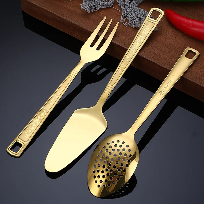Stainless Steel Kitchen Gold Cooking Utensils Hollow Shovel Spatula Large Salad Spoon Fork Stirring Serving Tableware