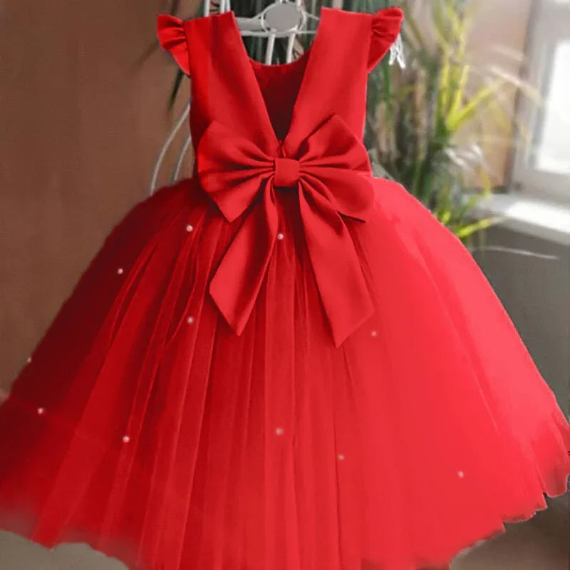 Toddler Girl Flower Birthday Tulle Dress Backless Bow Wedding Gown Kids Party Wear Princess Pink Outfit Baby Girls Bowknot Dress