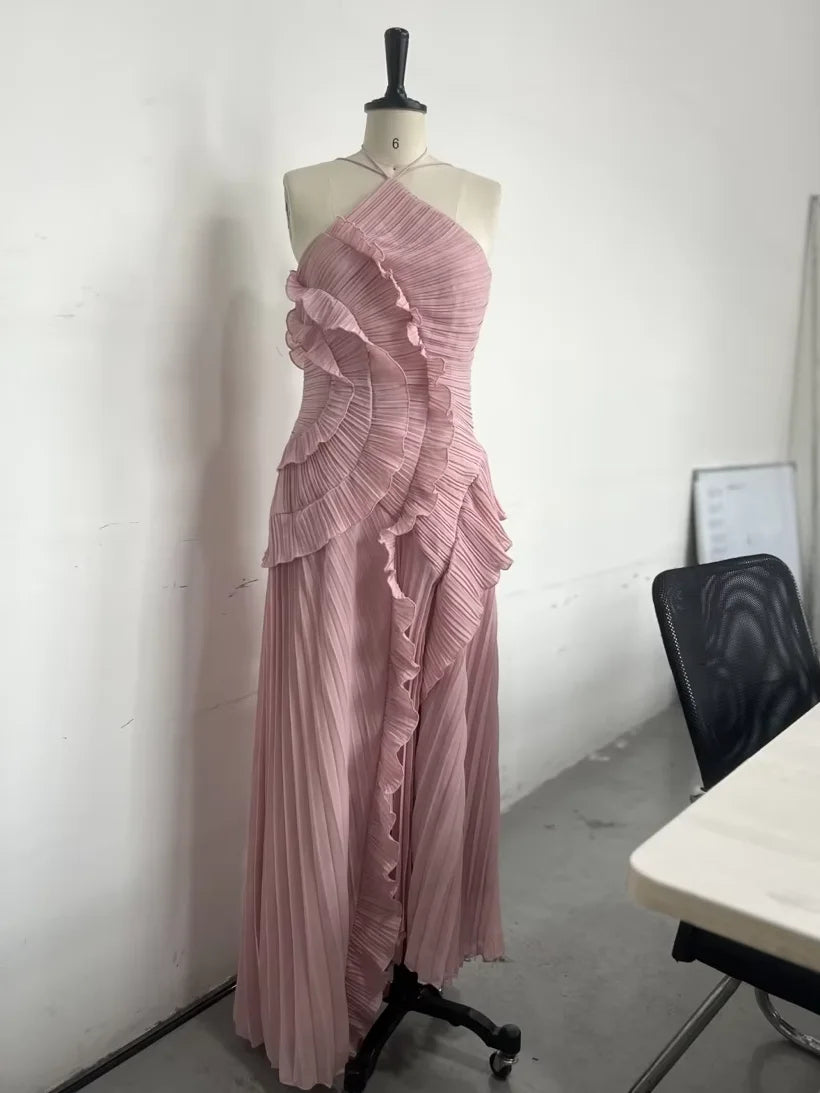 Elegant Neck Strap Ruffles Evening Gown Solid Folds A Line Lace Up Backless Sexy Party Dress 2025 New Party  Vacation Y2k Robe
