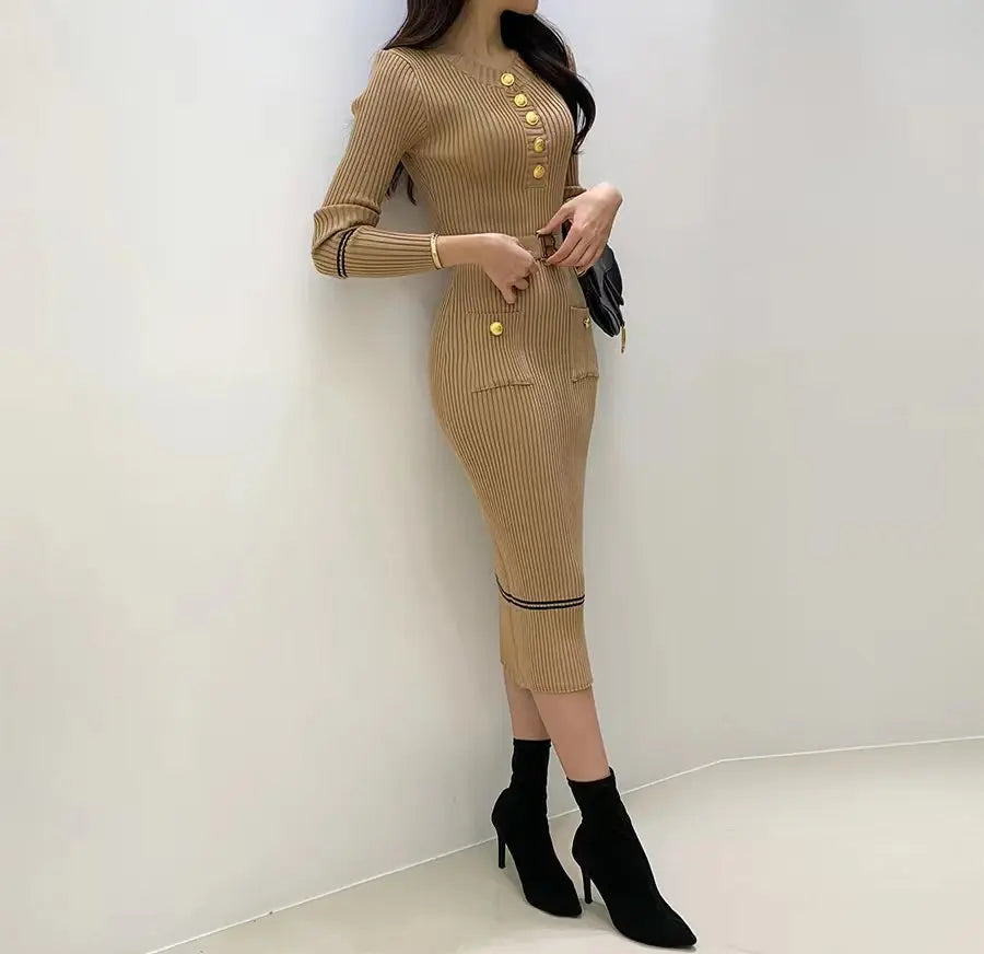 French style celebrity temperament slim feeling autumn winter new round collar fragrance wind slim bottom wrap hip dress