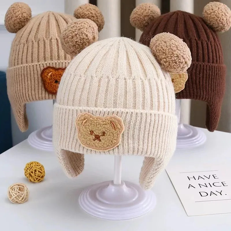 Baby Wool Hat Cute Bear Ear Protection Hat Children Winter Thickened Warm Knitted Korean Version Of The Baby Hat