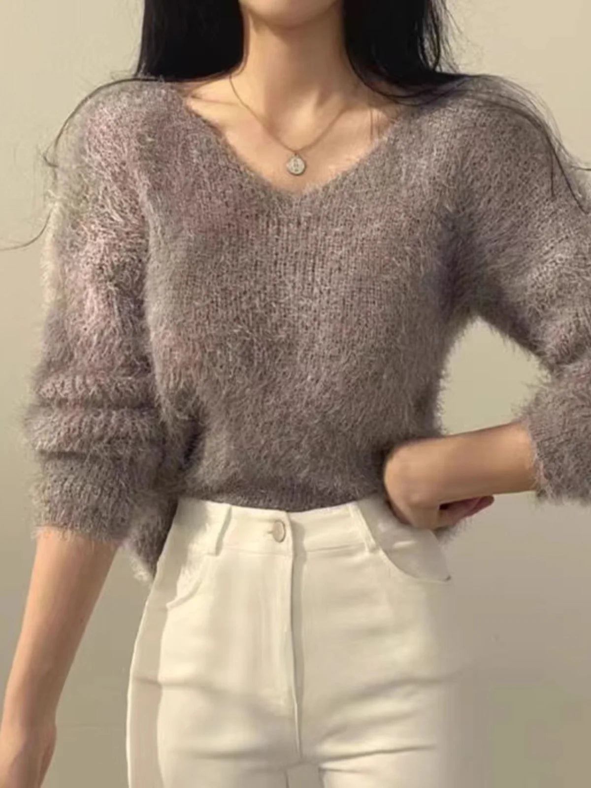 Women's Soft Cozy V-Ne Sweater Autumn Winter Faion Sweet Loose Fit Knitted Top Pink Color Trendy Ladies Sle Long Sve