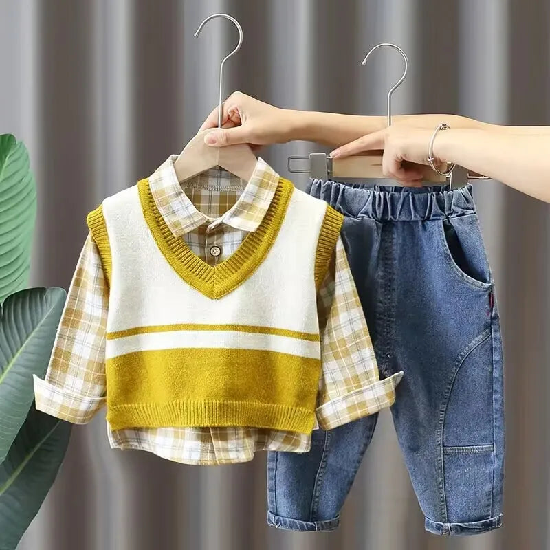 Boys' Baby Autumn Suit 2024 New Children's Fashionable Clothes Spring and Autumn Vest Shirt Jeans 3 Piece Set