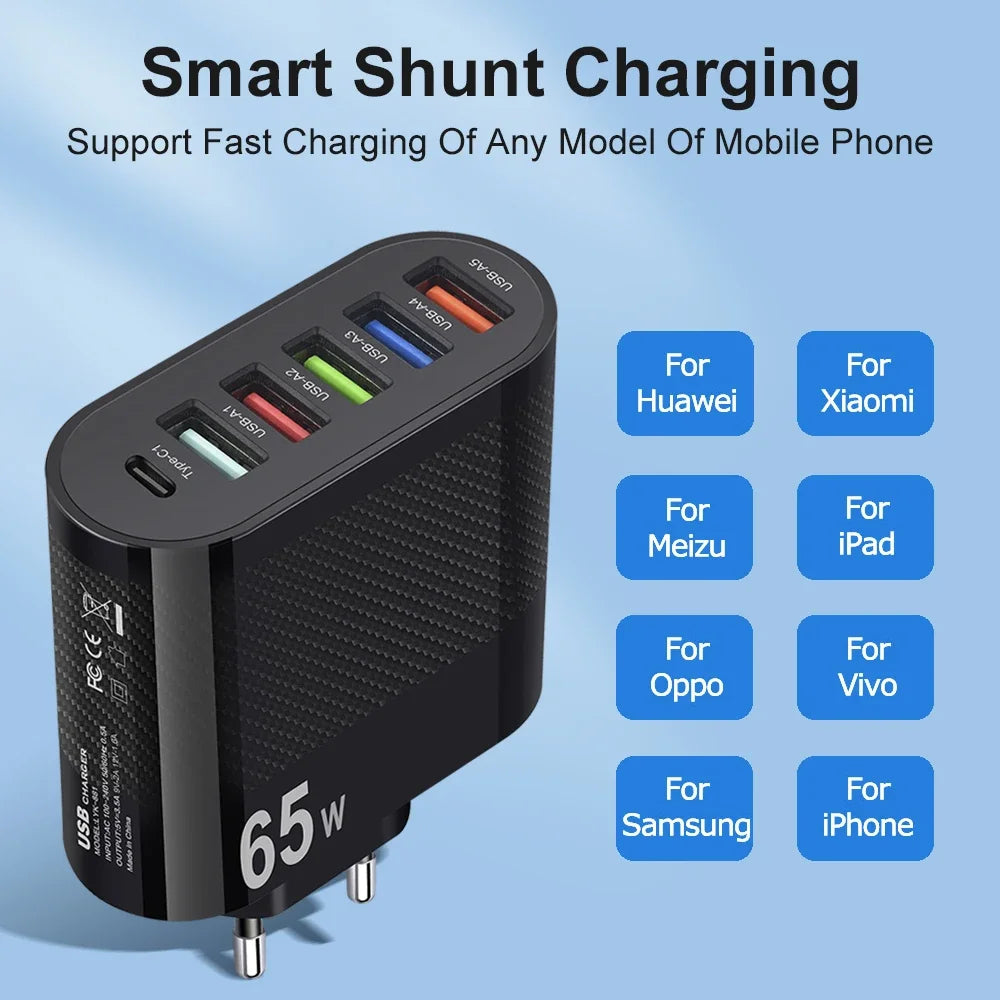 3.1A 5 Ports USB Charger PD Fast Charging Adapter For iPhone Xiaomi Samsung Mobile Phone EU/US/UK Plug Charge QC3.0 Wall Charger