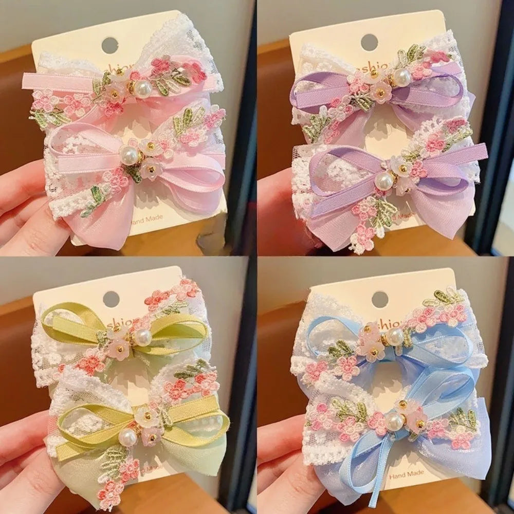 2pcs/Set Children Toddler Baby Girls Hair Bows Lace Pearl Cute Flower Floral Embroidery Lace Hair Clips Kid Hair Accessories