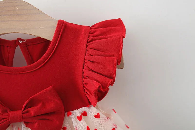 Baby Girl Red Dress Heart Embroidered Mesh Bow Tutu Dress Kids Birthday Party Clothes