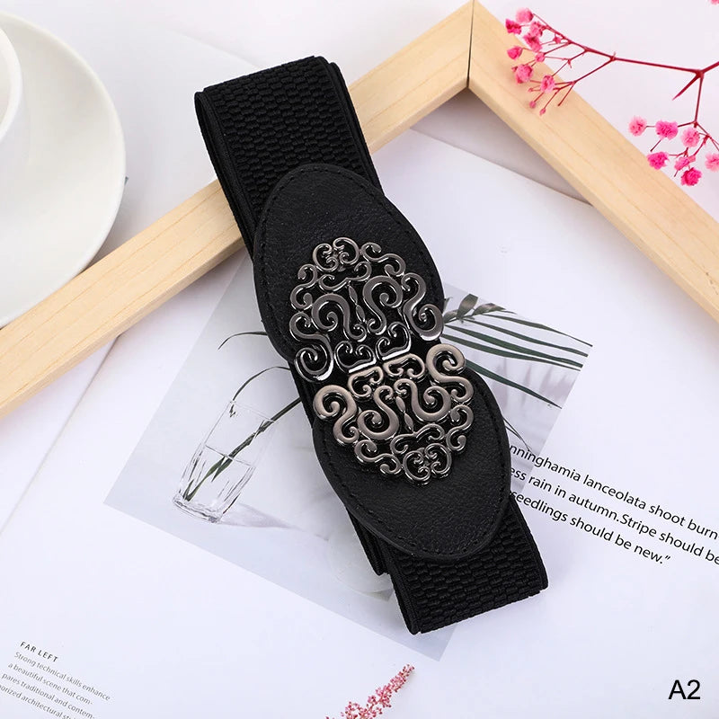 Korean Fashion Ladies Rose buckle Decorated Elastic Wide Belt Buckle Dress Sweater Sweater Waist Belt for Woman