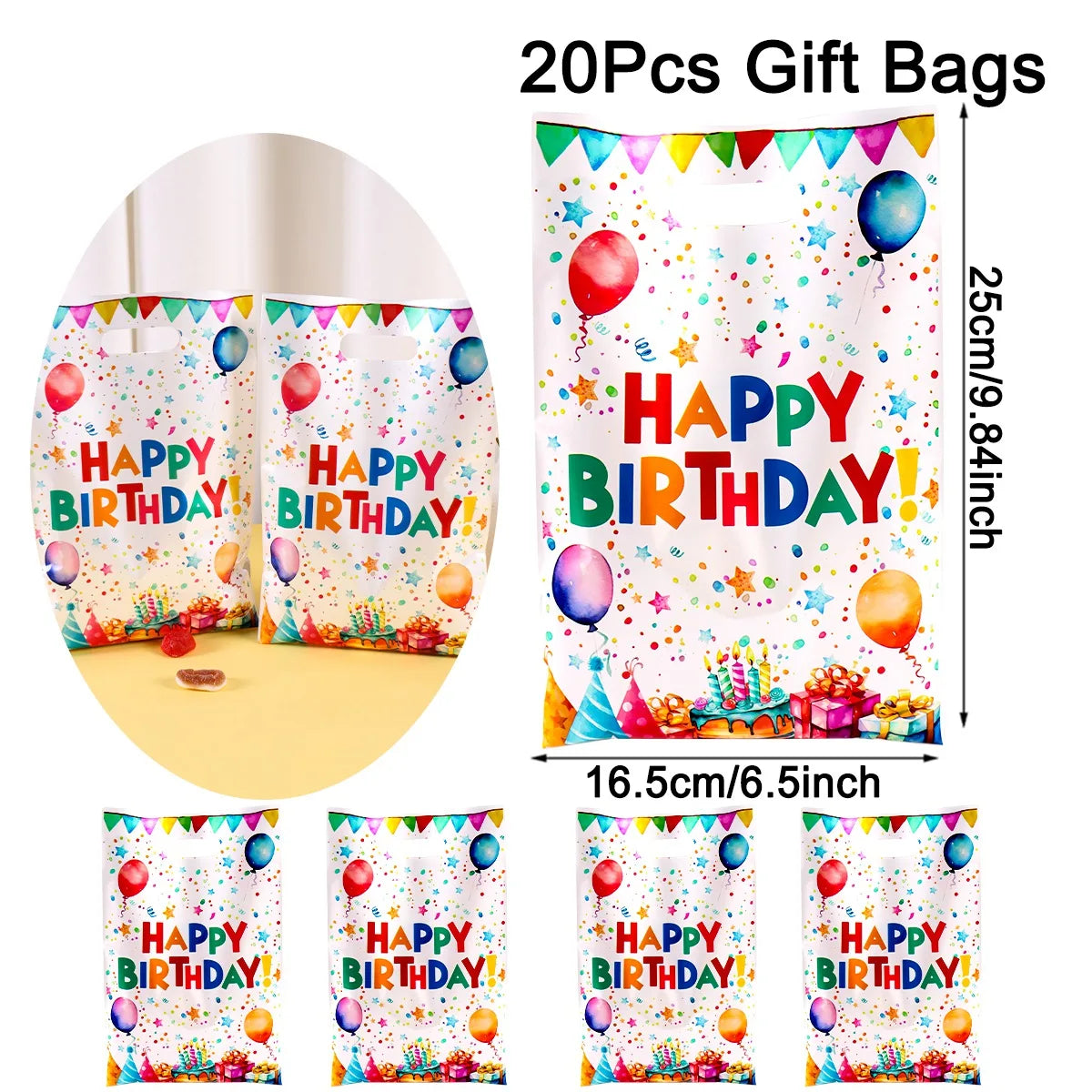 10/20/50pcs Happy Birthday Gift Bags Colorful Party Favor Bags Plastic Tote Bags for Kids Adults Happy Birthday Party Decoration