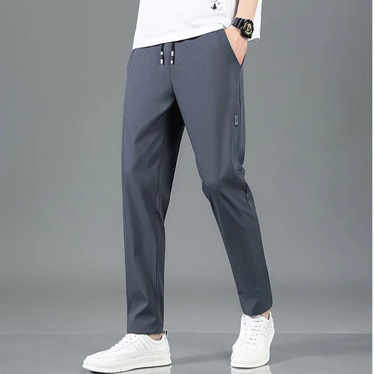 Summer Ice Silk Men's Pants Black Gray Thin Business Casual Pants Plus Size Outdoor Elastic Breathable Straight Leg Sweatpants