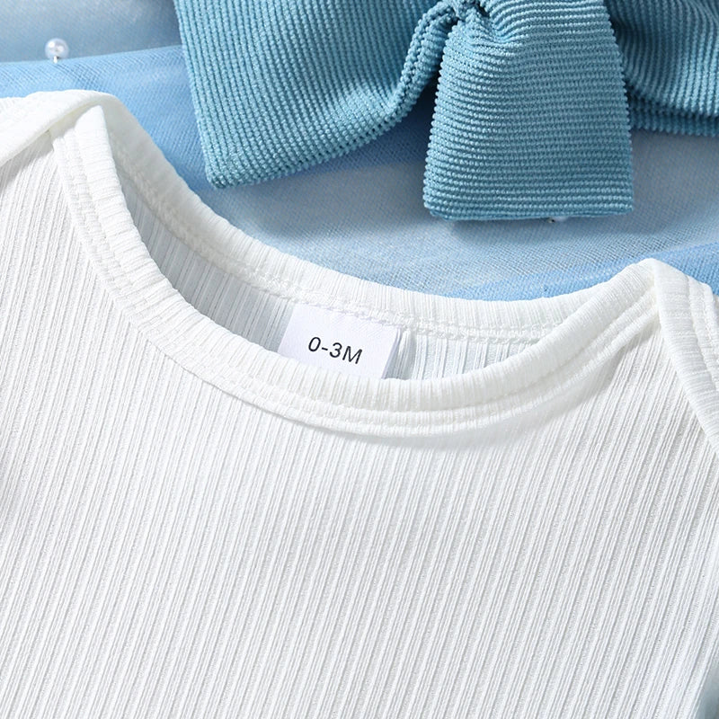 Pudcoco Baby Girls Summer Outfit Short Sleeves Rompers and Crochet Flowers Suspender Skirt Headband 3 Piece Clothes Set 0-18M