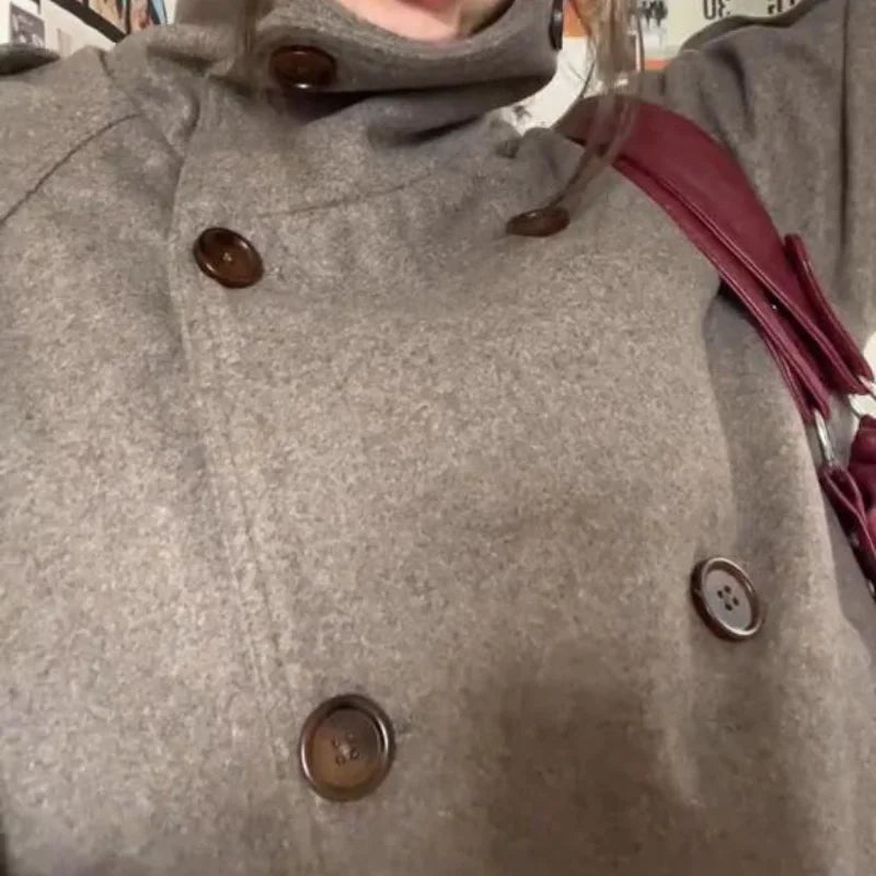 Elegant Women's Short Woolen Coats Stand Collar Double Breasted Long Sleeve Female Jacket 2025 Autumn Winter Lady Warm Outwear