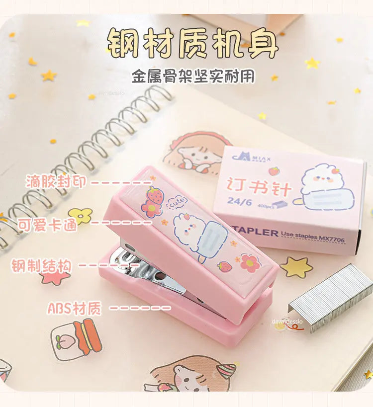 Mini Stapler Set with Staples Cute Rabbit Bear Paper Binder Stationery Office Binding Tools School Supplies