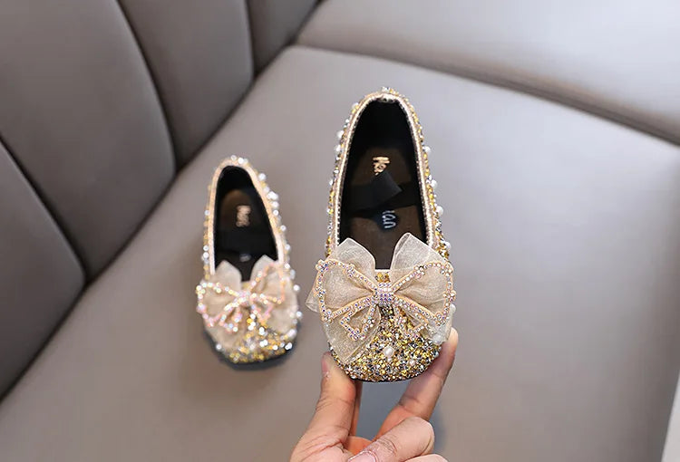 Girls Princess Shoes Glitter Luxury Party Shallow Children Ballet Flats 21-36 Elastic Band Fashion Lace Bowknot Kids Dance Shoes