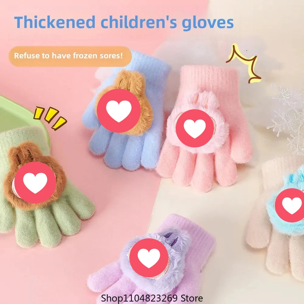 2025 New Children's Five-Finger Warmknit Gloves Winter Warm Simple Cartoon Design Universal Fit For Boys And Girls